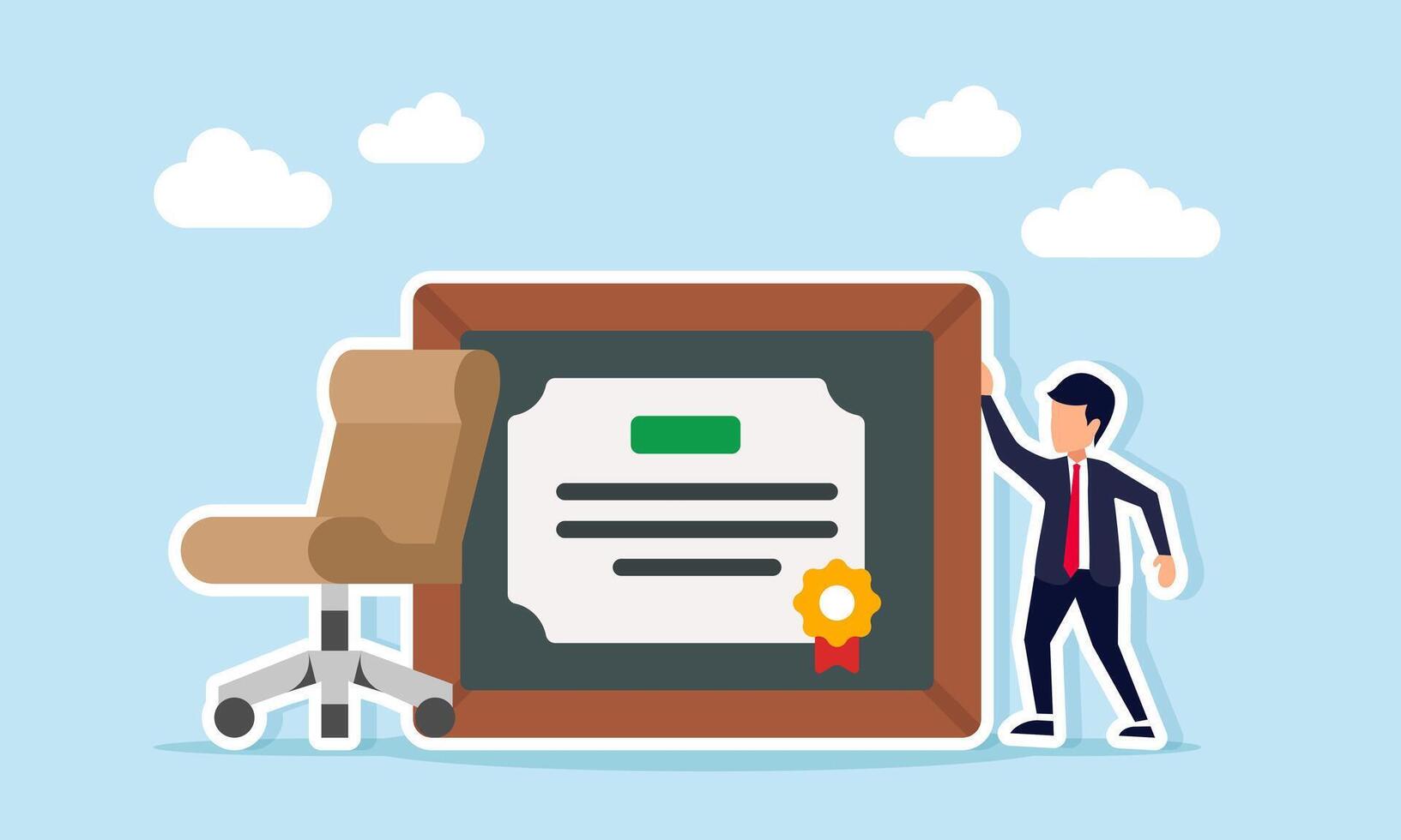 Businessman standing next to award certificate and office chair illustration of success in completing business work targets vector