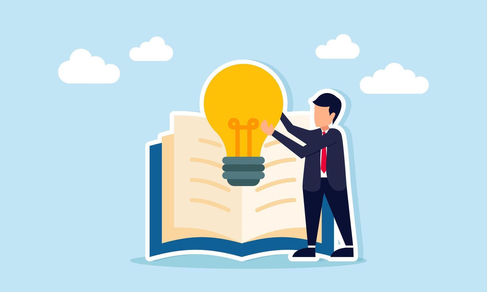 businessman holding lamp near open book illustration of literacy in finding inspiration for business ideas vector