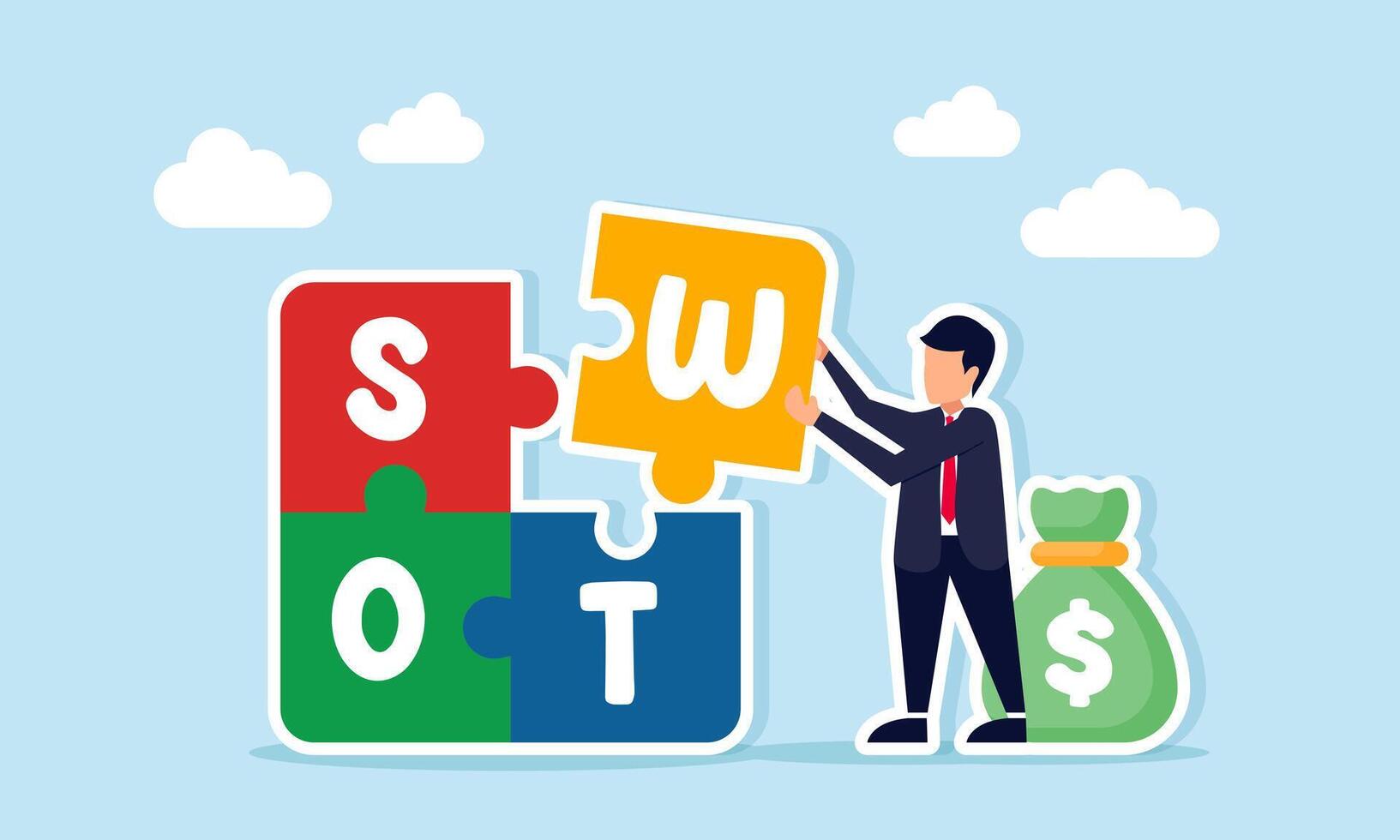 businessman near money bag assembling SWOT puzzle illustration of business financial management research and analysis vector
