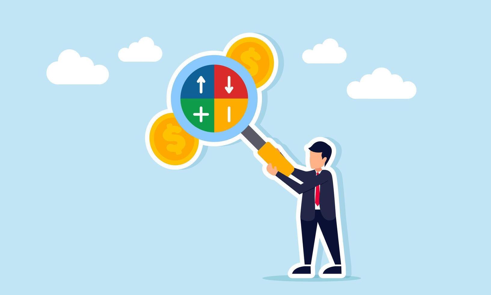 businessman observing dollar coins with magnifying glass showing plus minus up arrow and down arrow illustration of risk analysis in business financial management vector