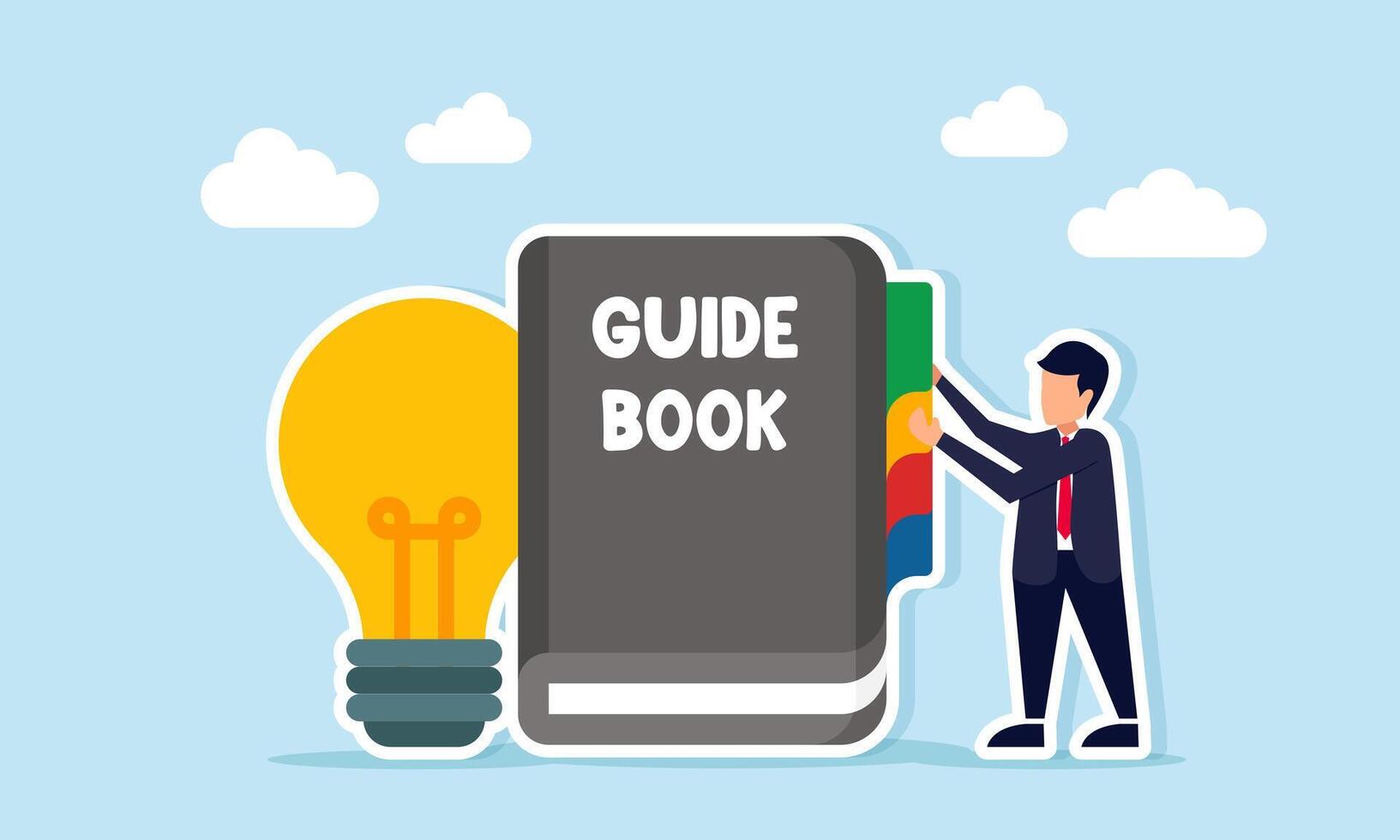 Businessman placing punctuation on guide book near light illustration of guidance in applying business ideas vector