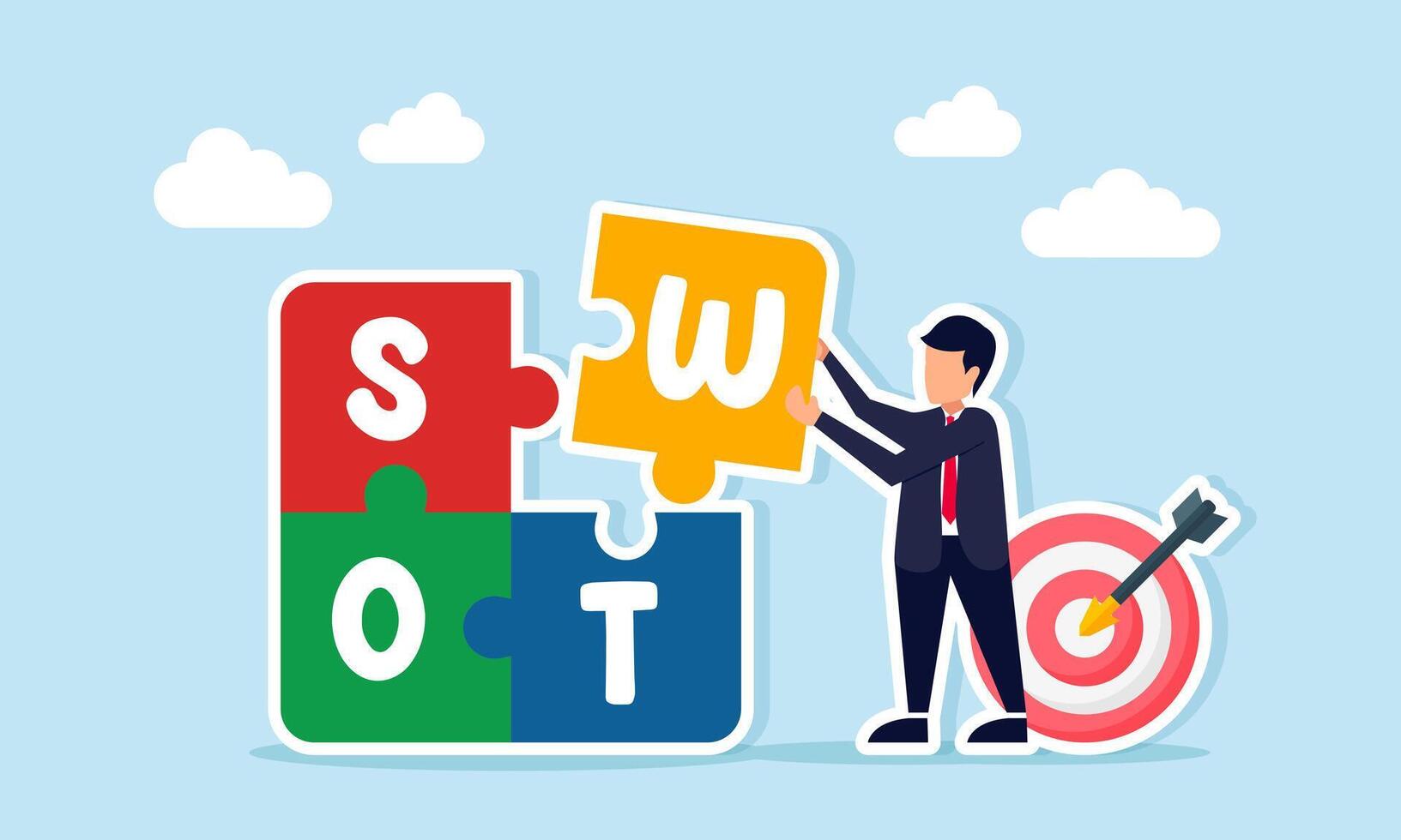 businessman near target board assembling SWOT puzzle illustration of research and analysis in achieving business goals vector
