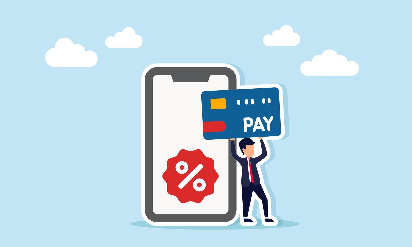 Businessman holding and lifting credit or debit card near smartphone displaying percent icon illustration of promo strategy in business product payment vector