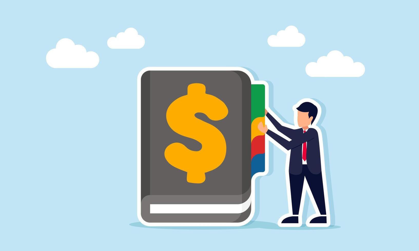 Businessman placing punctuation on notebook with dollar symbol illustration of archive and financial bookkeeping record for business vector