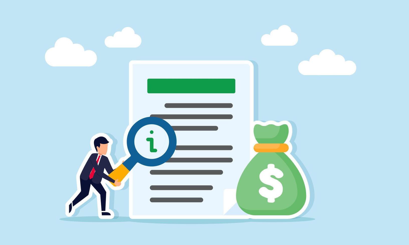 Businessman holding magnifying glass with letter I observing document next to money bag illustration of studying information guide related to business financial management vector