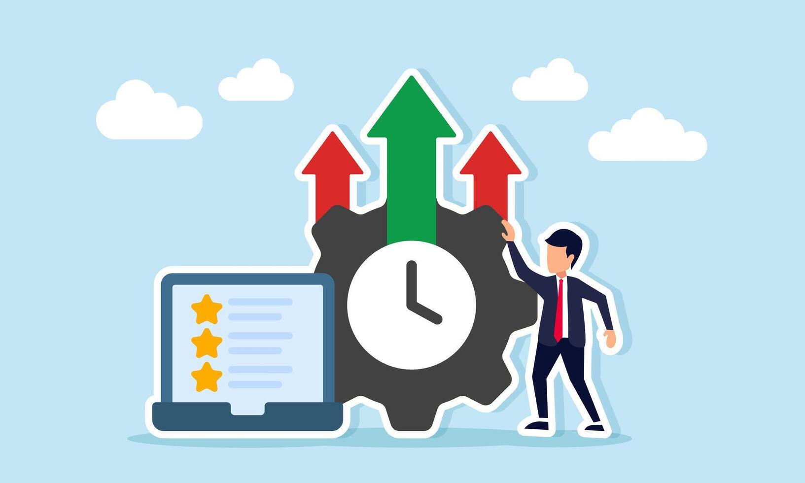 Businessman near laptop displaying star list gear with upward arrow and indicator needle illustration of improving business team performance quality standards vector