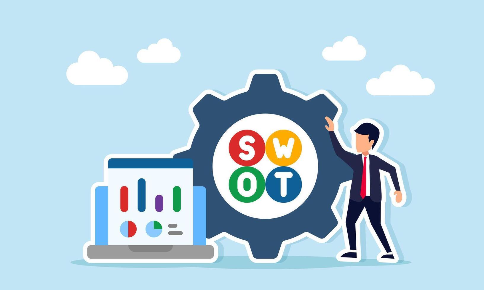 businessman standing next to laptop displaying data chart and gear with SWOT text illustration of research and analysis of business system performance vector