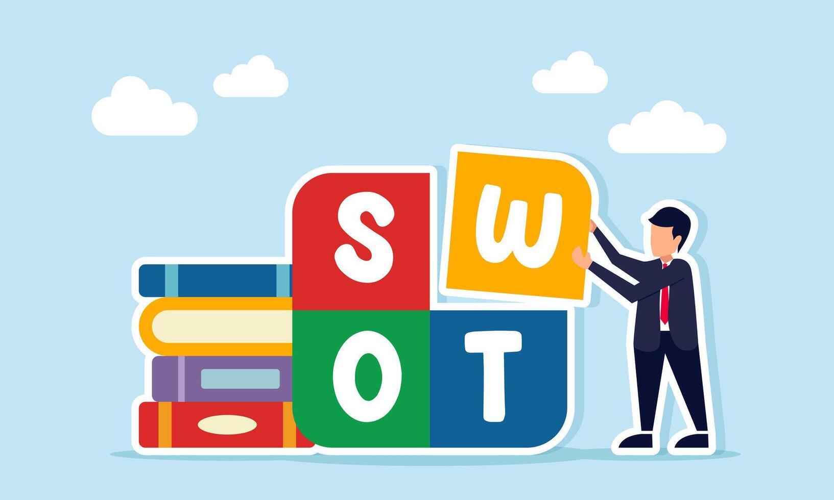 Businessman arranging SWOT puzzle near stack of books illustration of research and analysis to improve business competitiveness vector