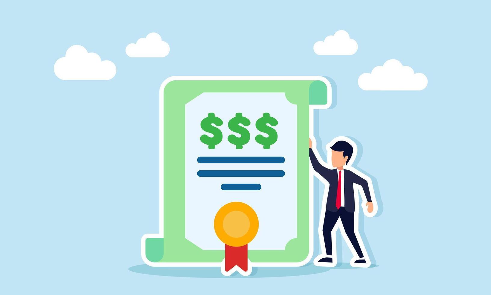 Businessman standing next to certificate with three dollar signs illustration of success in achieving business financial targets vector