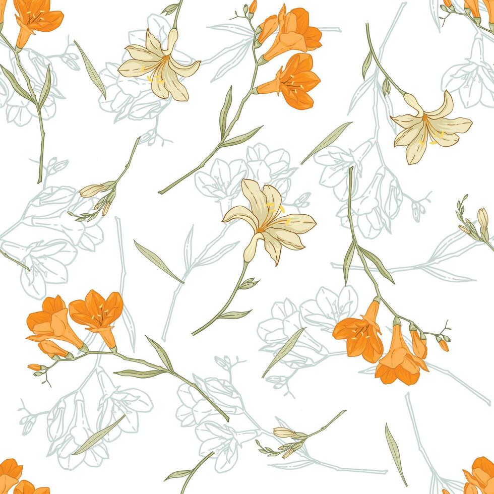 Seamless Floral Pattern with Orange and Yellow Flowers Hand drawn Outline Design vector