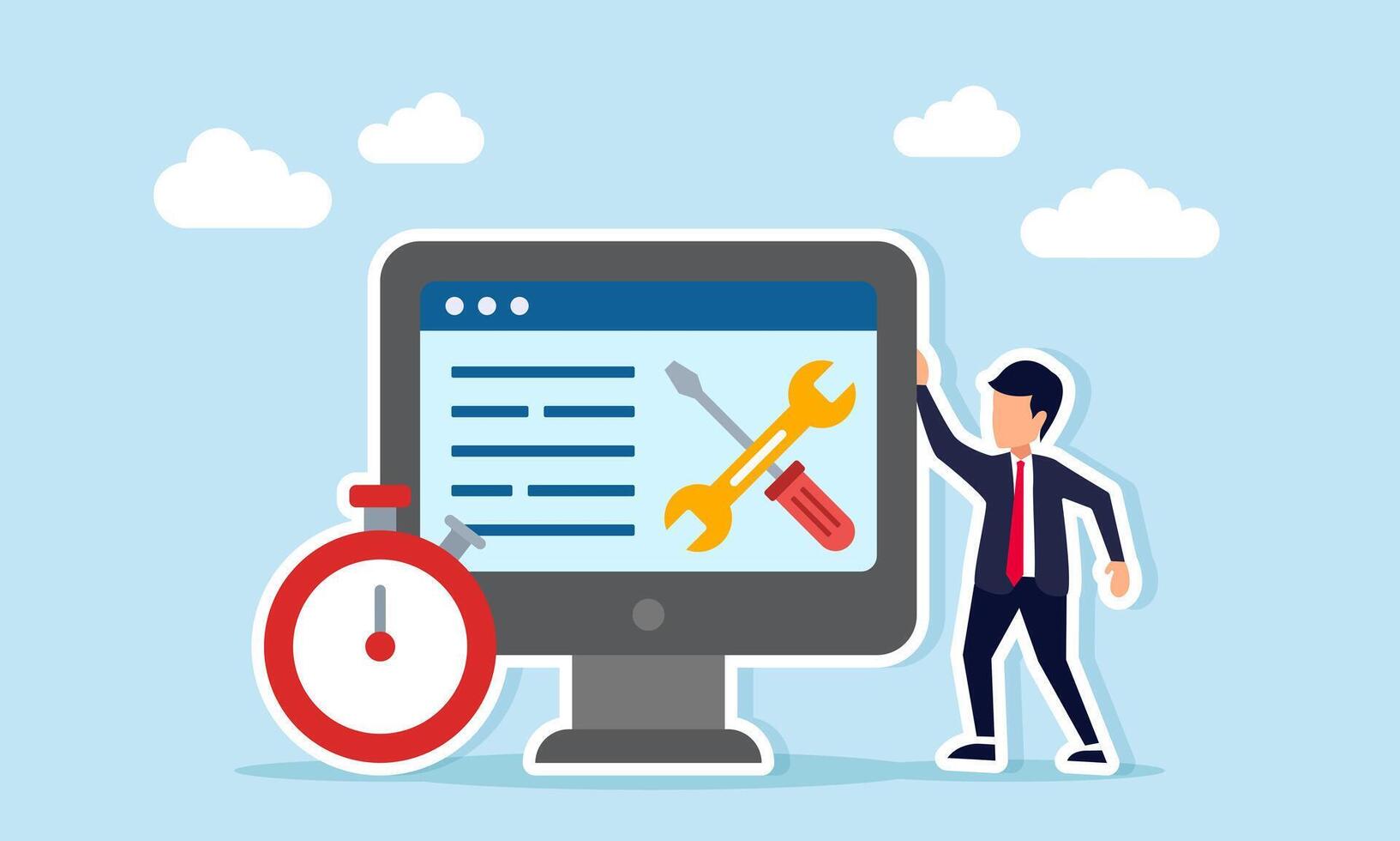 Businessman standing next to an alarm clock and a monitor displaying a wrench and screwdriver representing a deadline for business system maintenance illustration vector
