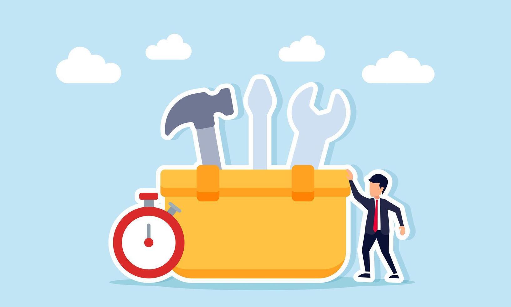 Businessman standing next to a tool kit box with an alarm clock representing a deadline for business system maintenance illustration vector