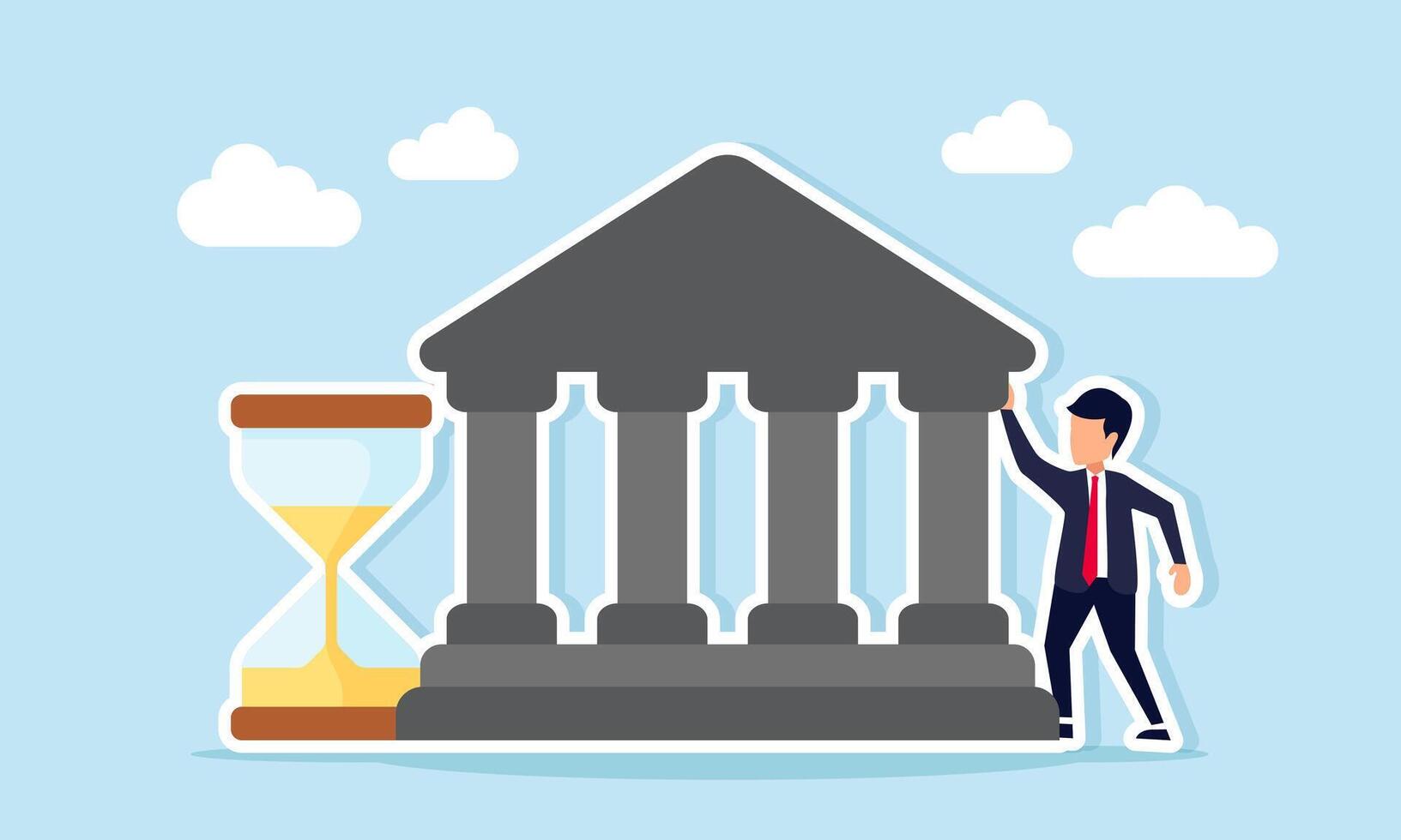 Businessman near courthouse and hourglass illustration of the time needed to build a business in the legal consulting field vector