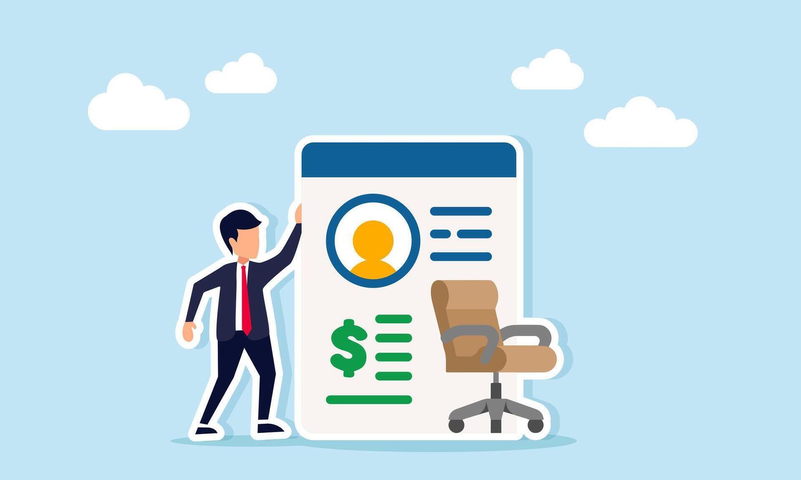 Businessman near office chair and app interface showing profile and dollar sign illustration of a company business investor profile vector