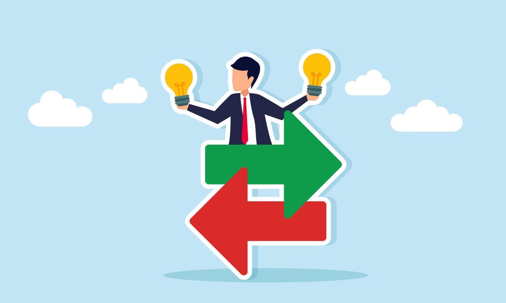 Businessman holding light bulb emerging between two opposite arrows illustration of sharing business ideas vector