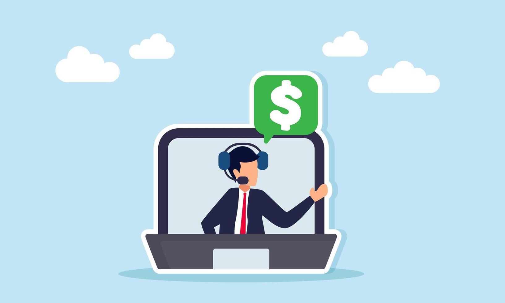 Businessman inside a laptop screen wear headphones share something that triggers a chat dialog with a dollar symbol representing discussion about business financial management illustration vector