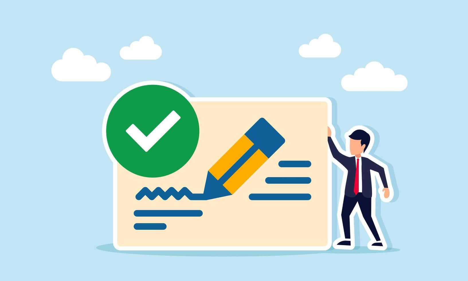 Businessman near document paper with check mark being written with pencil illustration of preparing business performance report vector