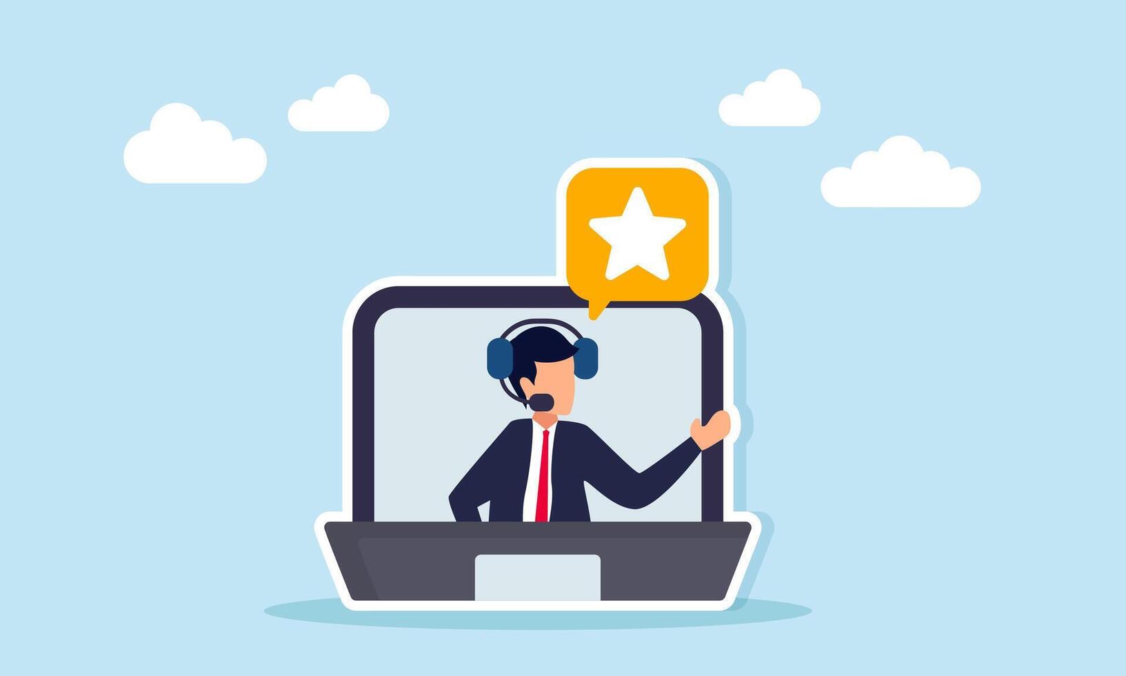 Businessman inside a laptop screen wearing headphones sharing something that triggers a chat dialog with a star symbol representing discussion about business quality standards illustration vector