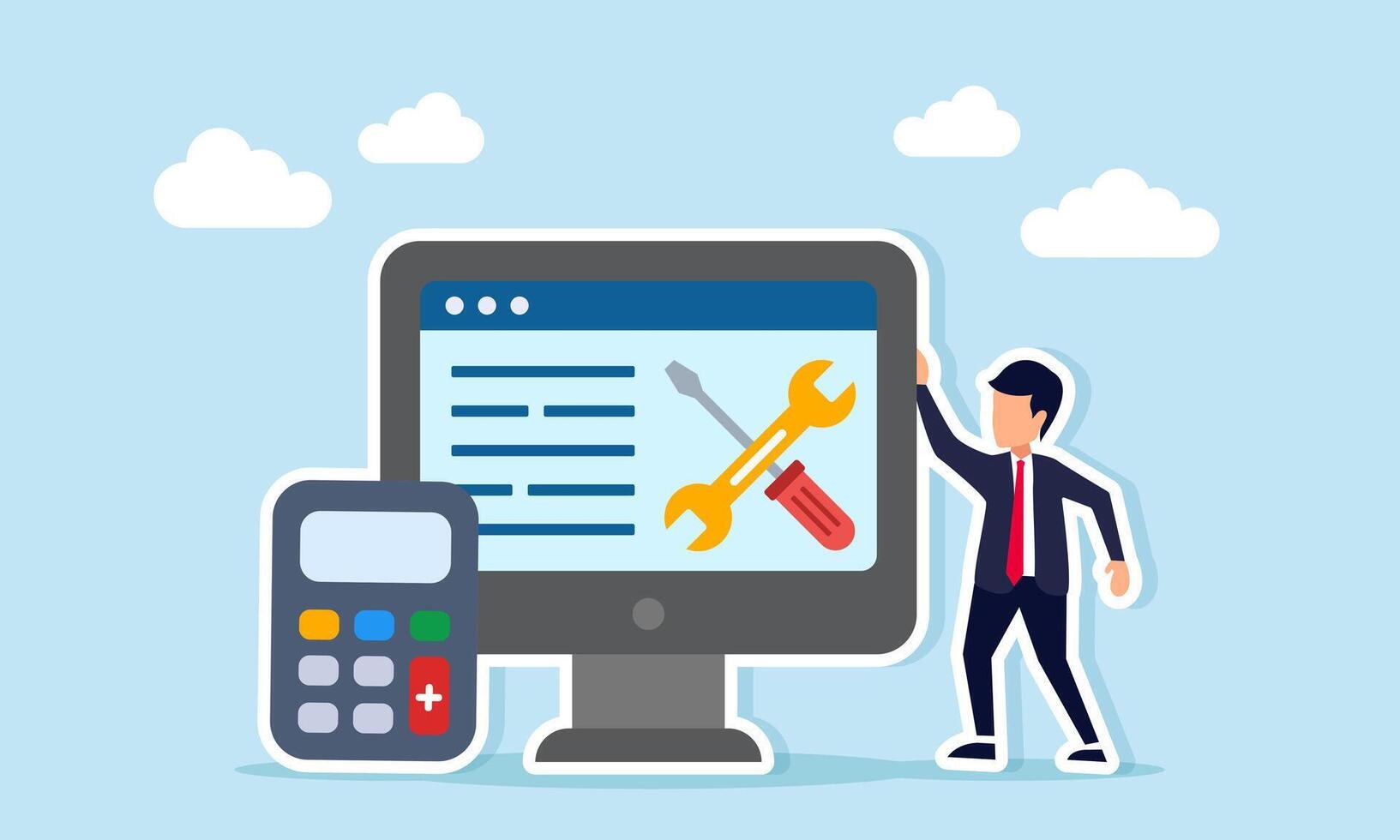 Businessman standing next to a calculator and a monitor displaying a wrench and screwdriver symbolizing business system maintenance risk calculation illustration vector