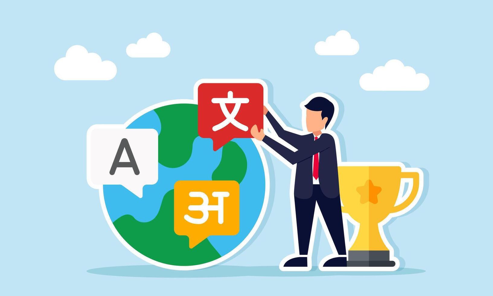 Businessman near trophy placing language sign on globe with existing signs illustration of success in building a language course business vector