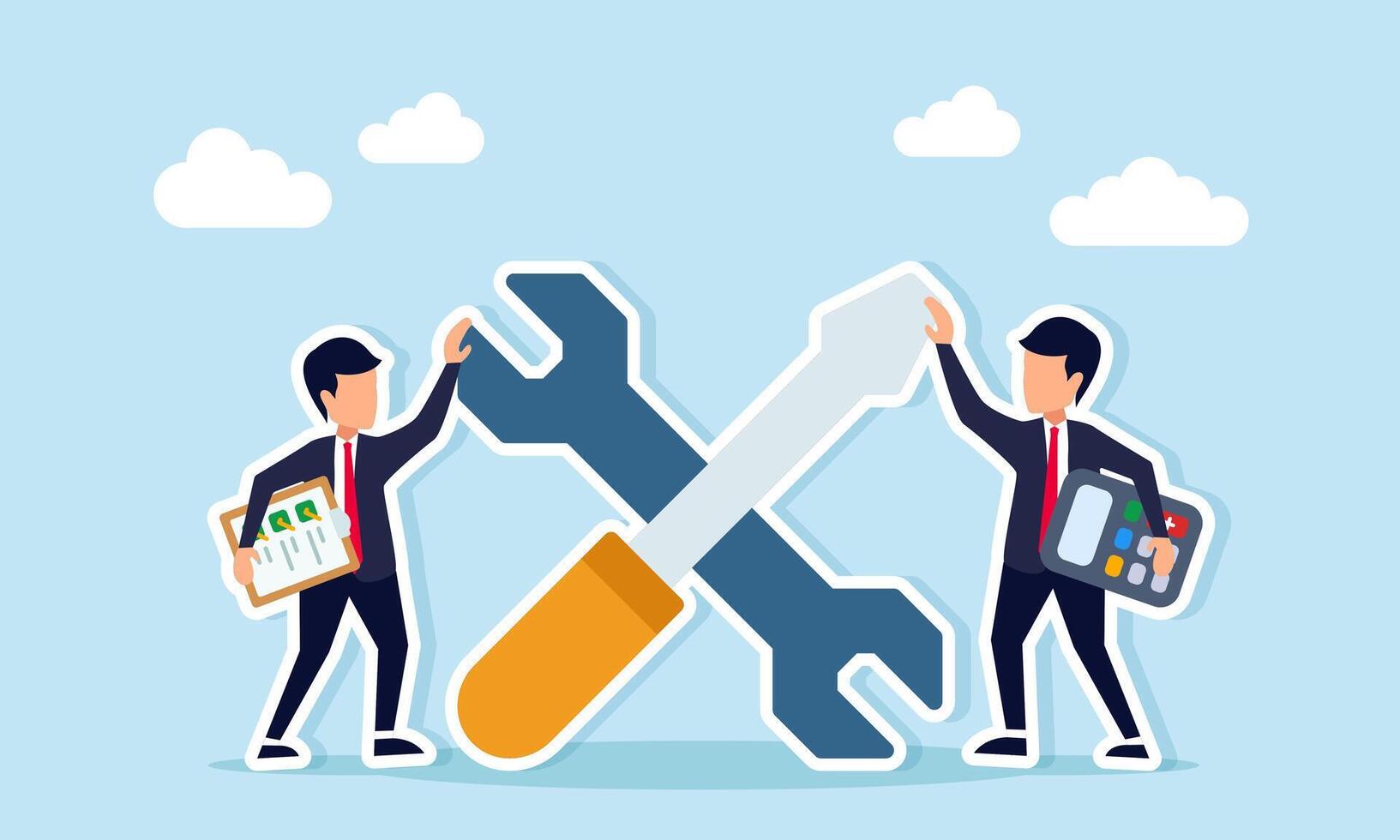 A wrench and screwdriver placed between a businessman hold a work document list and another hold a calculator representing calculation and supervision of system maintenance illustration vector