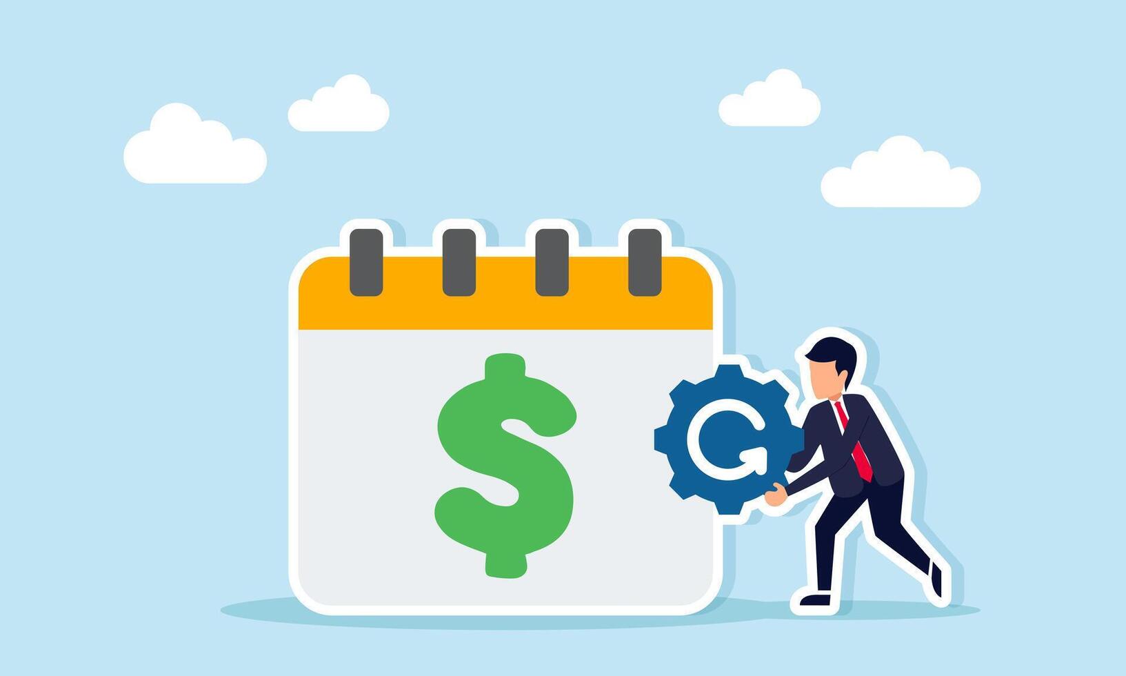 Businessman near calendar marked with dollar carrying gear marked with continuous illustration of regular maintenance for business financial system vector