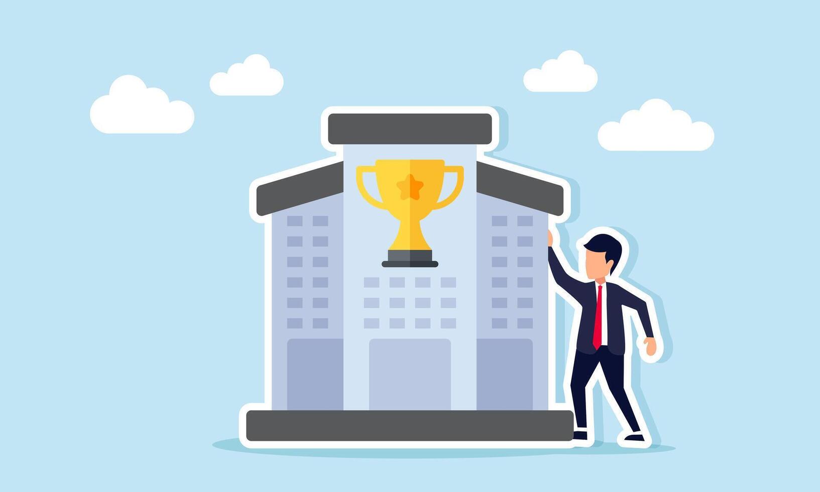 Businessman near building with trophy symbol illustration of an award winning company recognized as a leading business vector