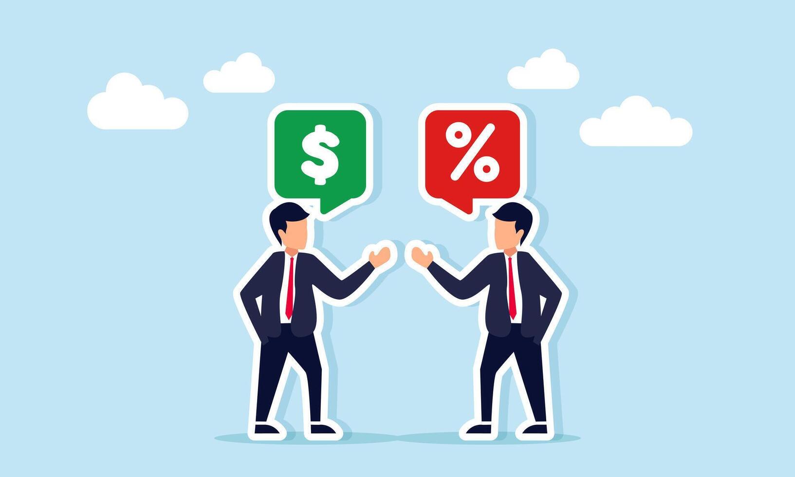 Two businessmen talking with chat bubbles showing a dollar and a percent symbol illustration of sharing strategies for marketing with discount offers vector