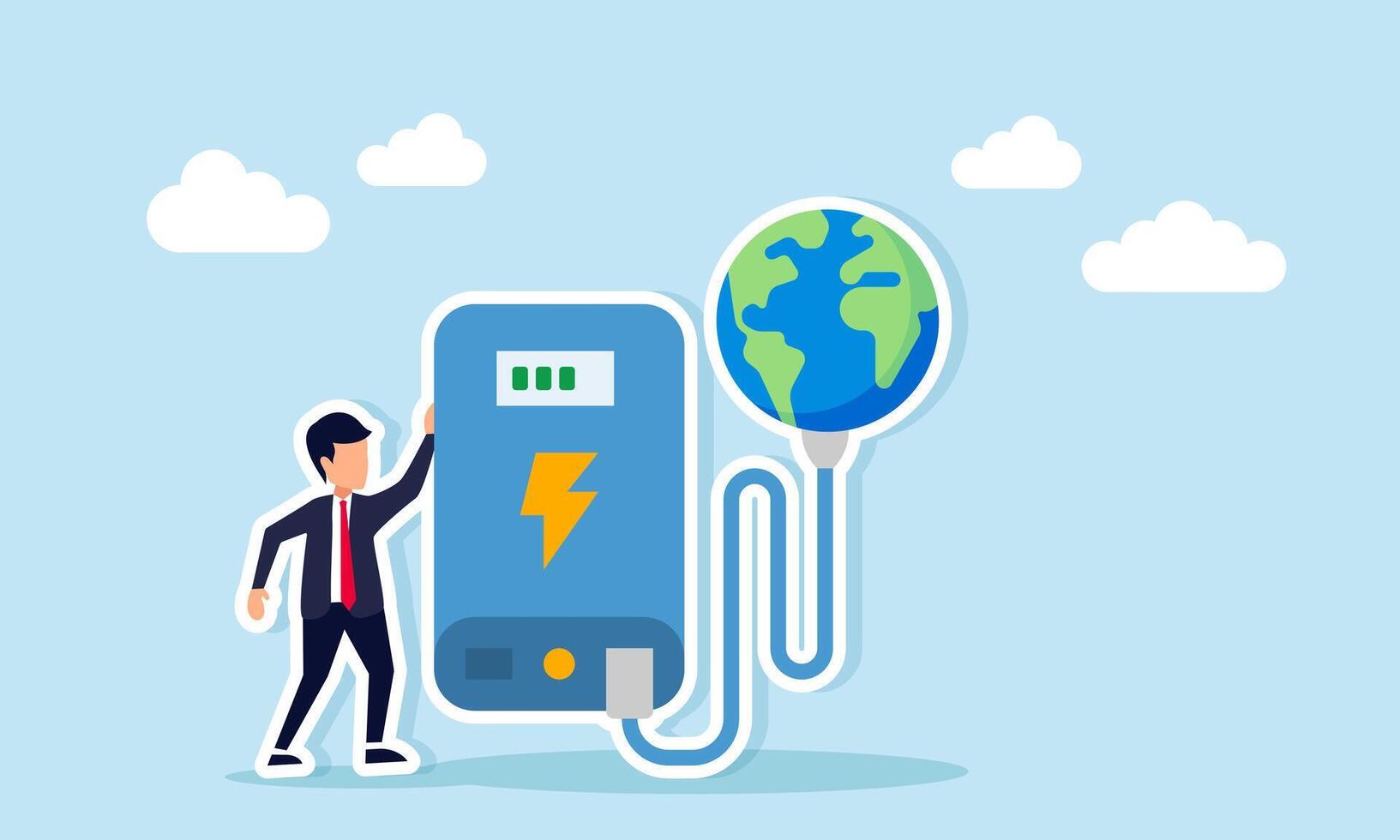 Businessman near power bank charging the earth illustration of restoring the planet or company csr for reforestation vector
