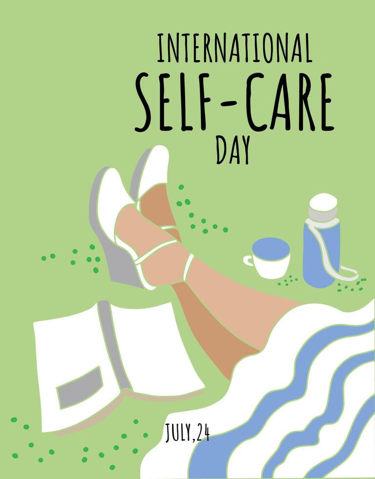 International self care day 24 July with reading on the grass vector