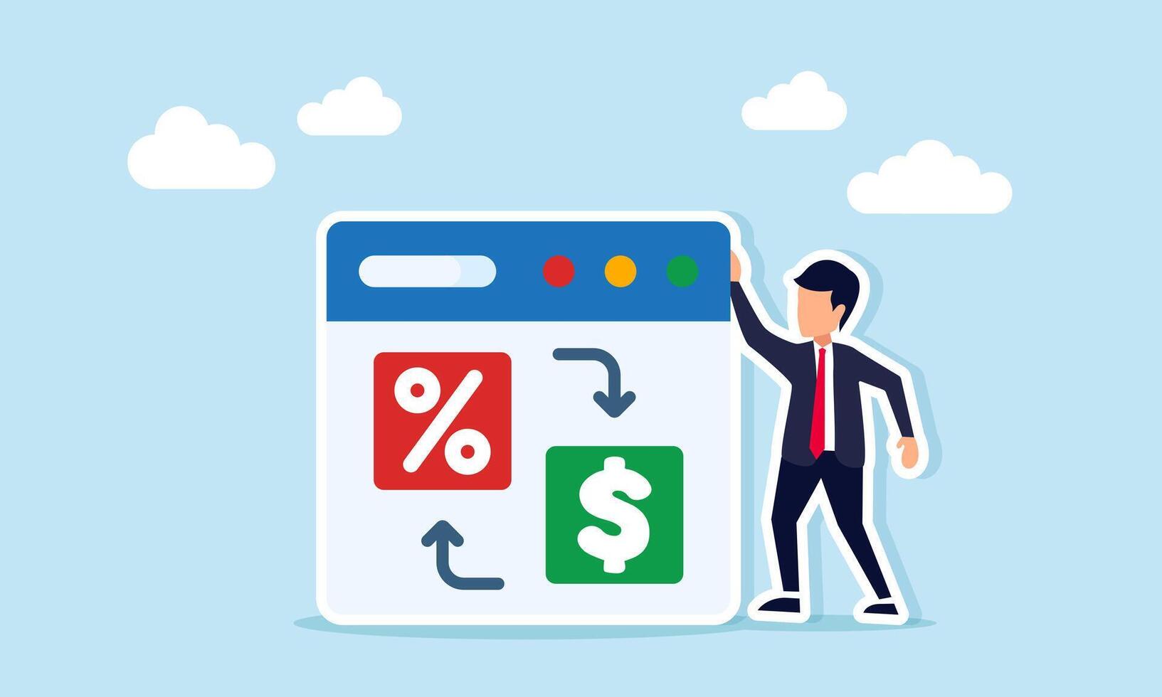 Businessman near an app interface showing exchange between percent and dollar symbols illustration of planning strategy to increase profit through sales discount approach vector