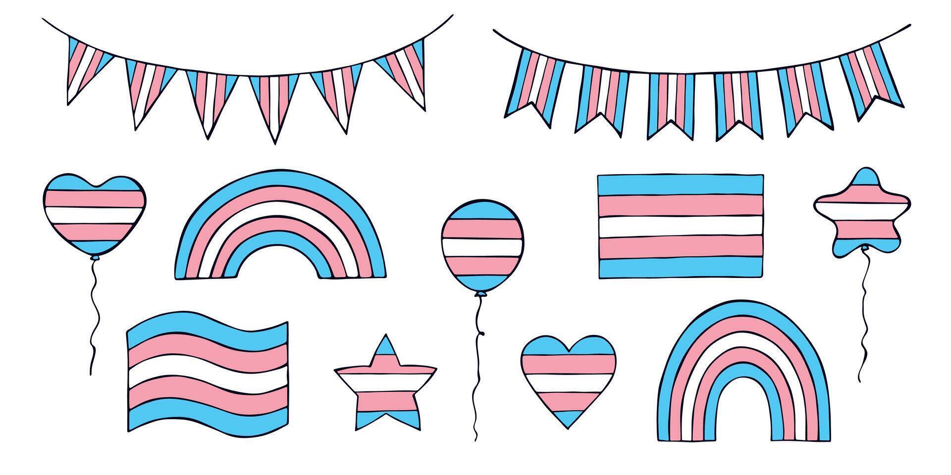 rainbow Set of colorful flag Happy pride day LGBTQIA community Pride Month hand drawn doodle for posters, stickers, logo, cards vector