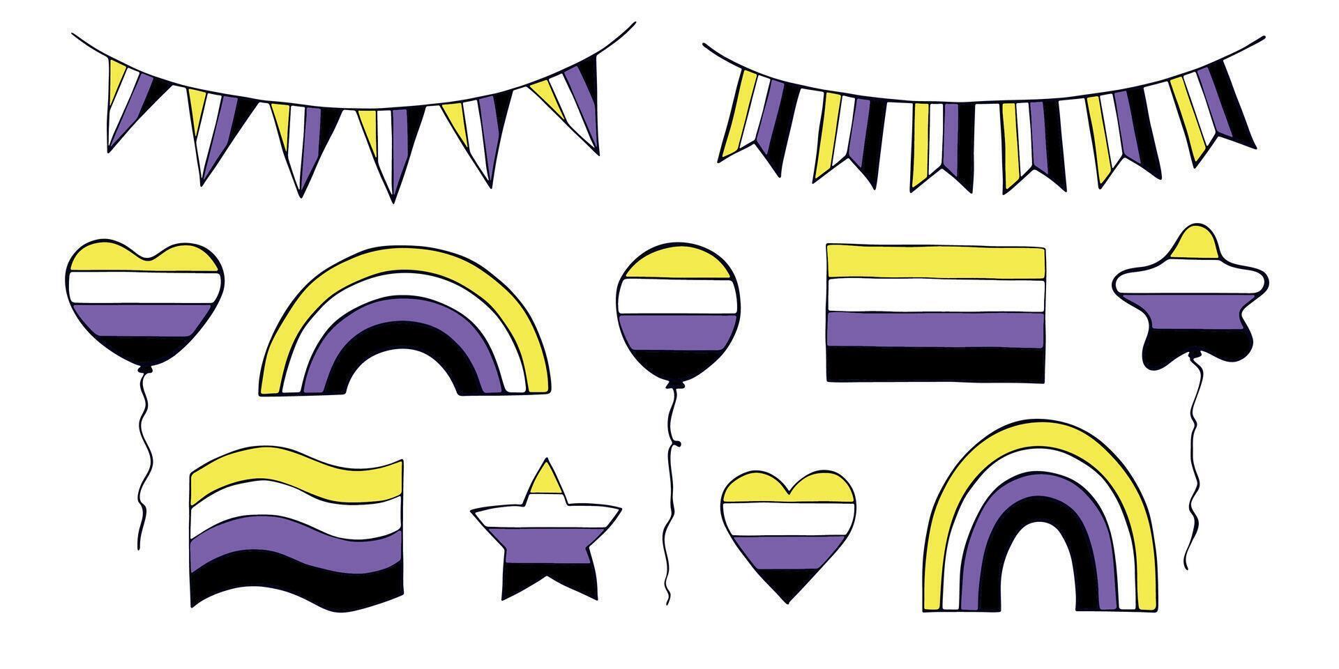 Set of colorful pride flag Happy pride day LGBTQIA community Pride Month hand drawn doodle for posters, stickers, logo, card vector
