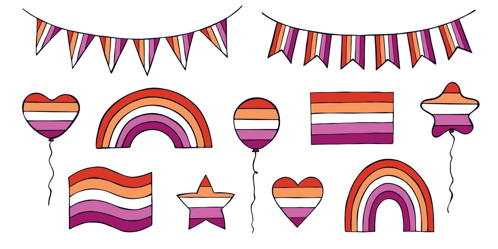 Set of colorful pride flag Happy pride day LGBTQIA community Pride Month hand drawn doodle for posters, stickers, logo, cards lgbtq vector