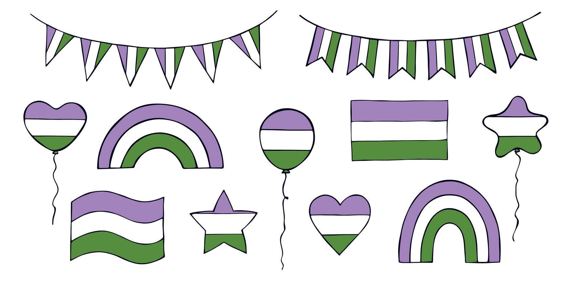 Happy Set of colorful pride flag Happy pride day LGBTQIA community Pride Month hand drawn doodle for posters, stickers, logo, cards vector
