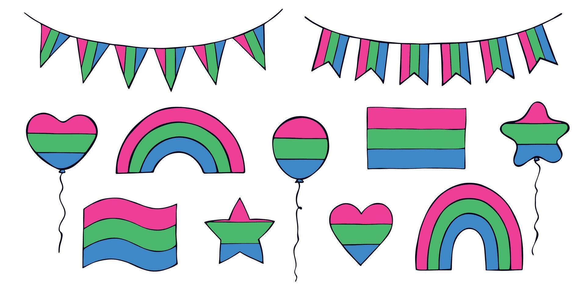 pride flag Set of colorful pride flag Happy pride day LGBTQIA community Pride Month hand drawn doodle for posters, stickers, logo, cards vector
