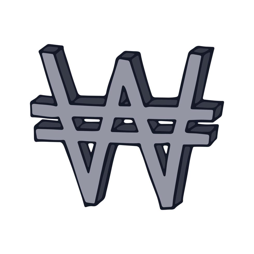 Hand drawn won currency symbol. Brush stroke doodle. Single element for design finance vector
