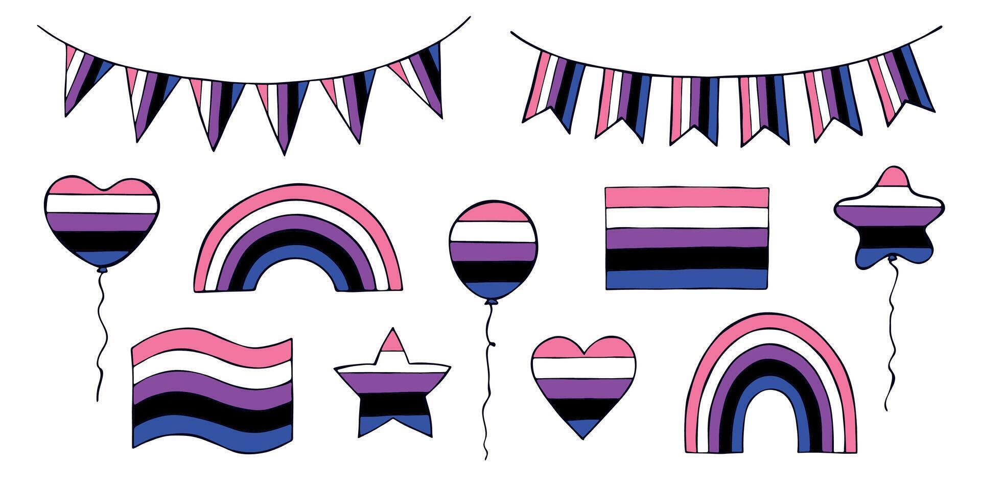 Set of colorful Gender fluid pride flag Happy pride day LGBTQIA community Pride Month hand drawn doodle for posters, stickers, logo, cards vector
