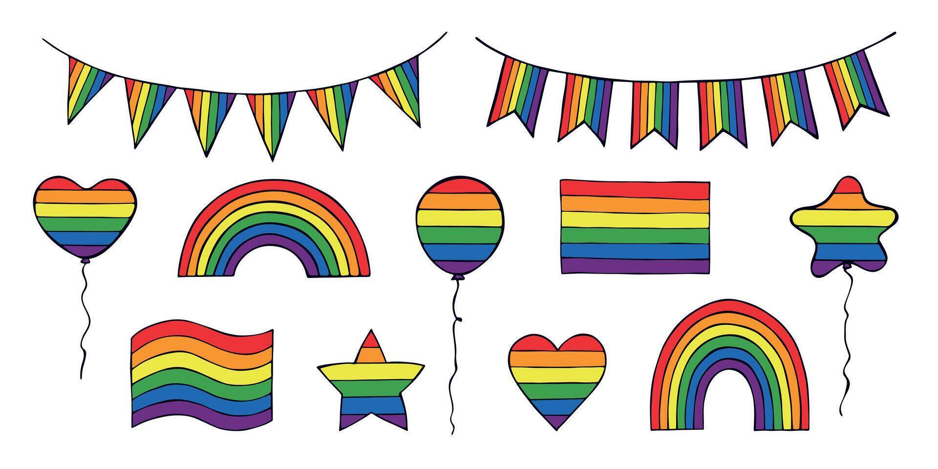 lgbtqia Set of colorful pride flag Happy pride day LGBTQIA community Pride Month hand drawn doodle for posters, stickers, logo, cards vector