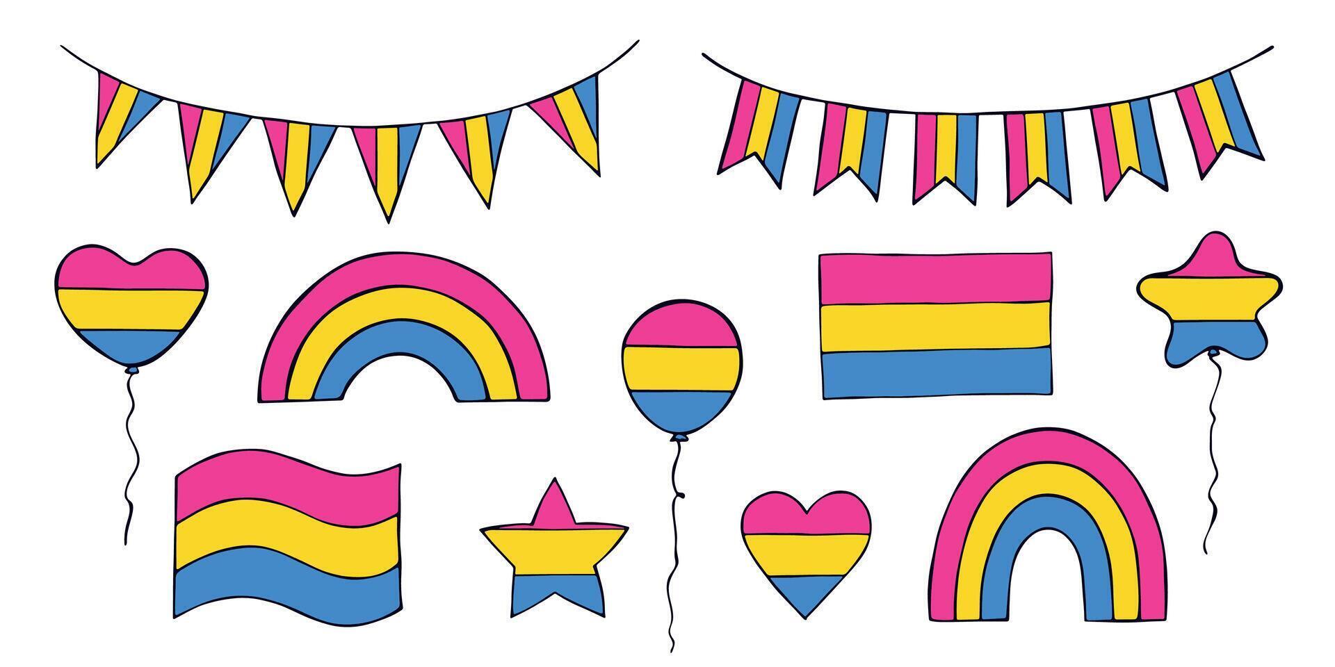 Set of colorful pride flag Happy pride day LGBTQIA community Pride Month hand drawn doodle for posters, stickers, logo, cards pride vector