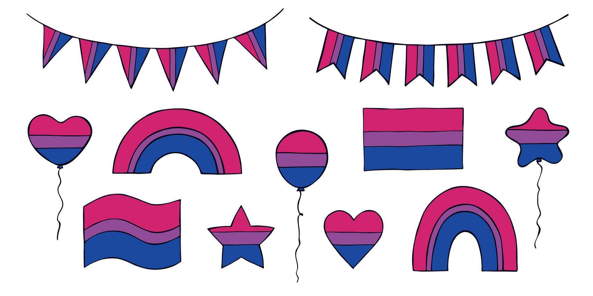 Set of colorful pride flag Happy pride day LGBTQIA community Pride Month hand drawn doodle for posters, stickers, logo, cards flag vector