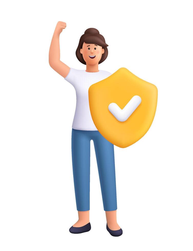 Confident woman Jane standing with one arm raised in triumph and holding a golden shield with checkmark symbol. Protection, insurance concept. 3d people character. Cartoon minimal style. vector