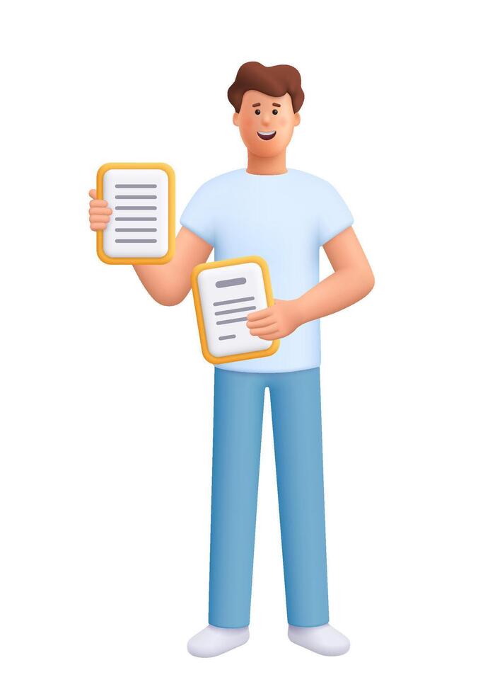 Young smiling man James holding two documents or sheets of paper in both hands. Business, education, office work concept. 3d people character. Cartoon minimal style. vector