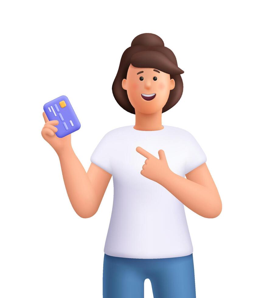 Young smiling woman Jane holding and pointing to credit debit card or digital payment card. Payment, banking and shopping concept. 3d people character. Cartoon minimal style. vector
