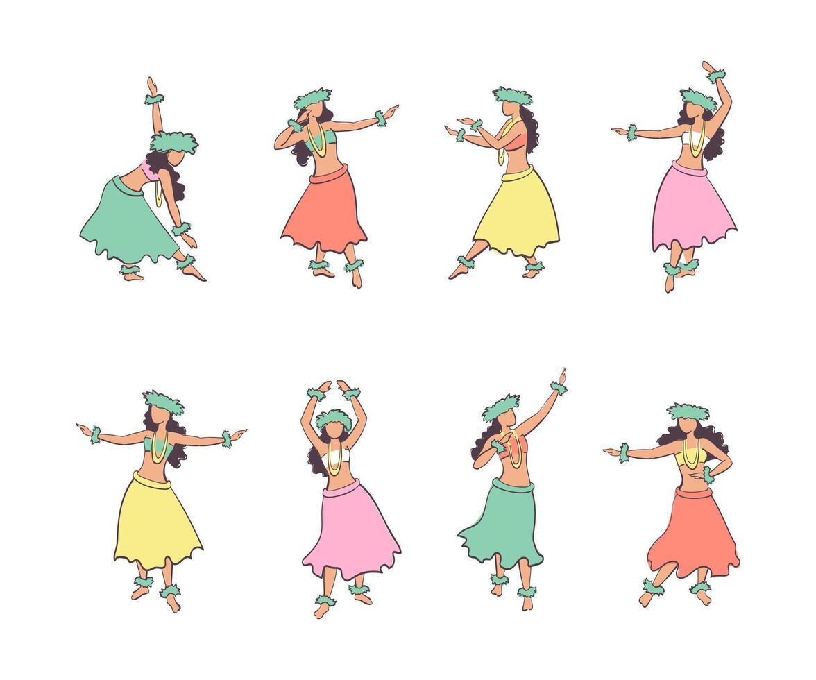Hula dance moves, colored sketch vector