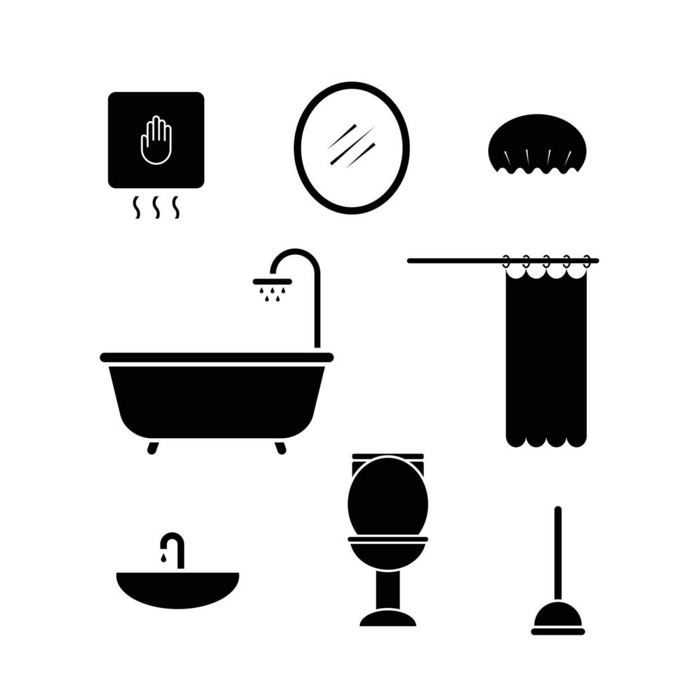 Silhouette icon set of essential bathroom fixture and accessories included bathtub, toilet, sink, mirror, shower curtain, shower cap, hand dryer, and toilet plunger vector