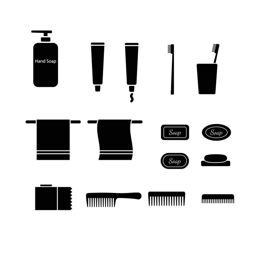 Silhouette icon set of bathroom and dental care items included tootbrush, toothpaste, towel, bar soap, soap bottle, various comb, cup, and toilet paper vector