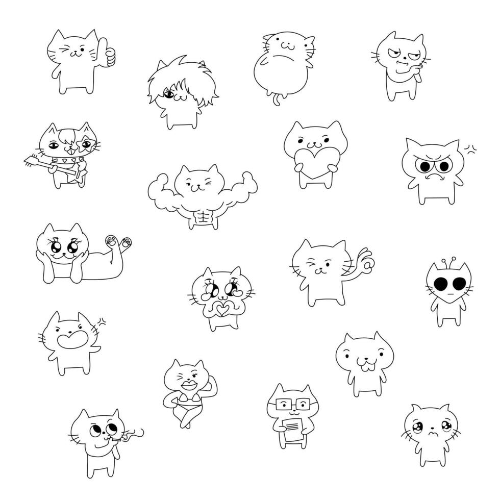 Set of 18 hand-drawn cats with funny and cute expressions. Minimalist doodle style, perfect for coloring, memes, emojis, stickers, comics, and playful illustrations vector