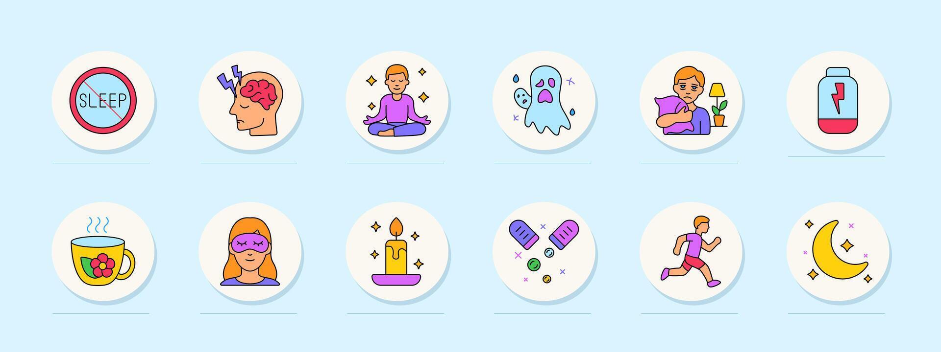 Sleep problems set icon. No sleep sign, brain tension, meditation, fear, child with pillow, energy drink, tea, mask, candle, pills, running, moon, night imbalance, insomnia risk. vector