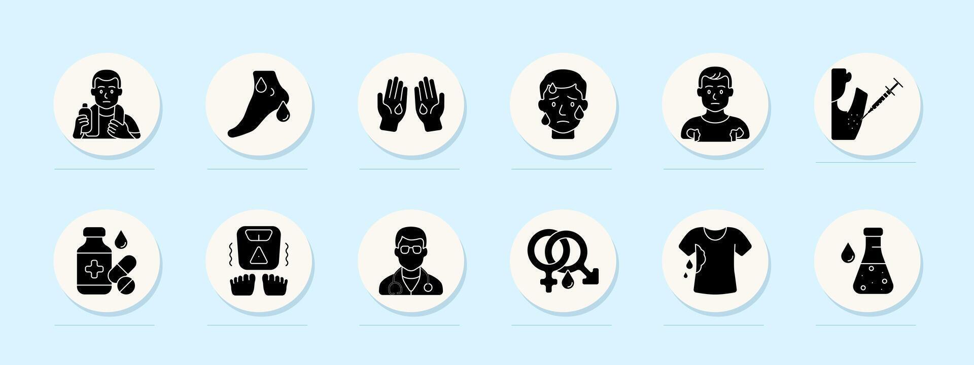 Hyperhidrosis set icon. Sweat, underarms, hands, face, athlete, injection, medicine, scale, doctor, hormone, shirt, lab test. vector